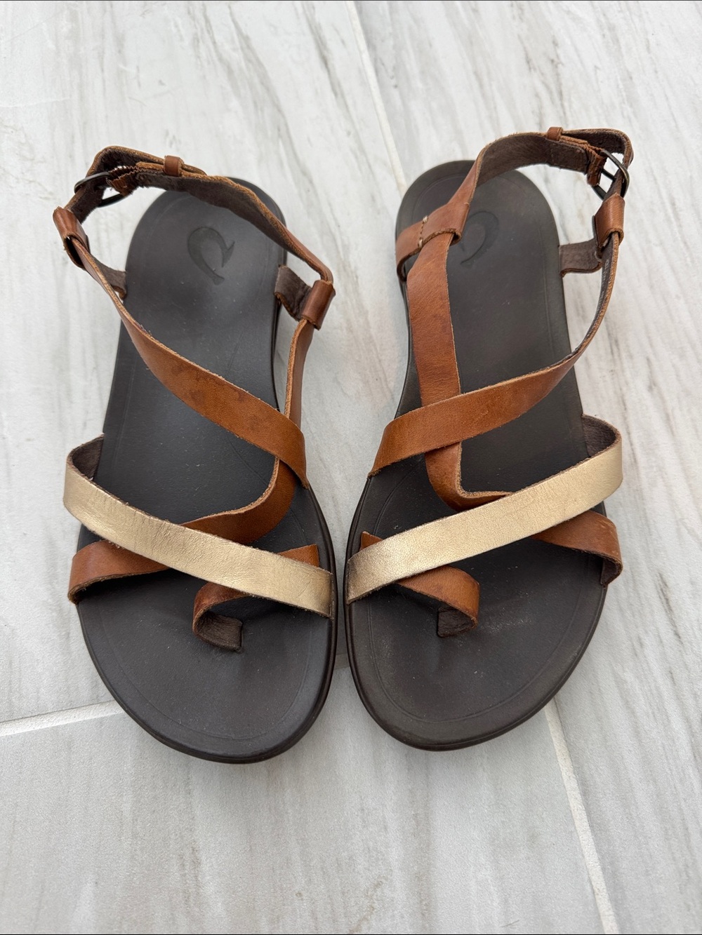 OluKai Brown Leather Sandals with Gold Accent Straps